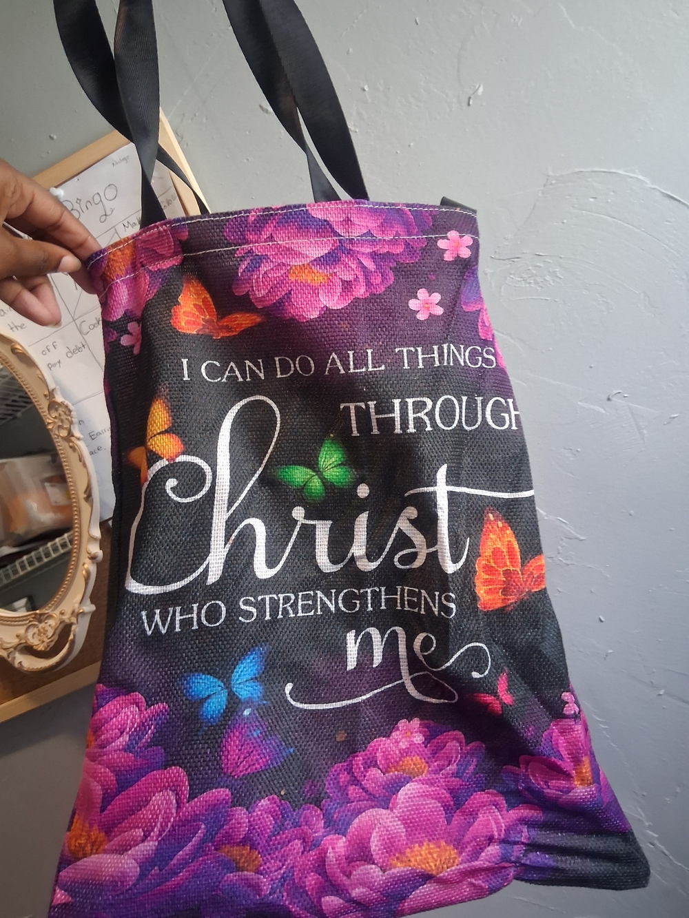 Floral Faith Tote Bag - Black with Purple Floral & Butterflies